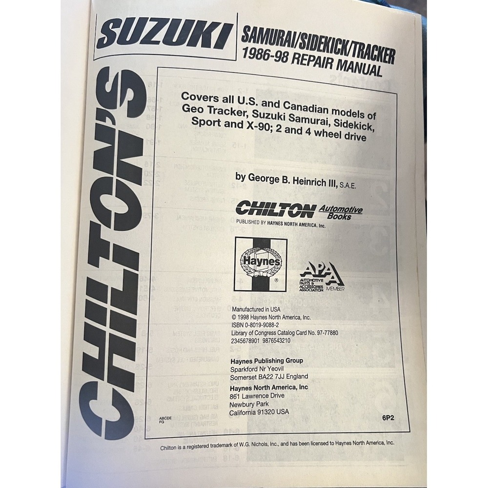 Chilton Suzuki Samurai Sidekick Tracker 1986-98 Repair Manual 66500 - Picture 4 of 5